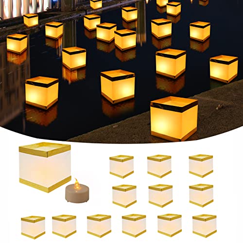 FuHigh 12Pack Reusable Floating Square Lanterns with LED Flameless Candles, Decorative Outdoor Table Lanterns for Weeding, Lawn, Pool, Wishing