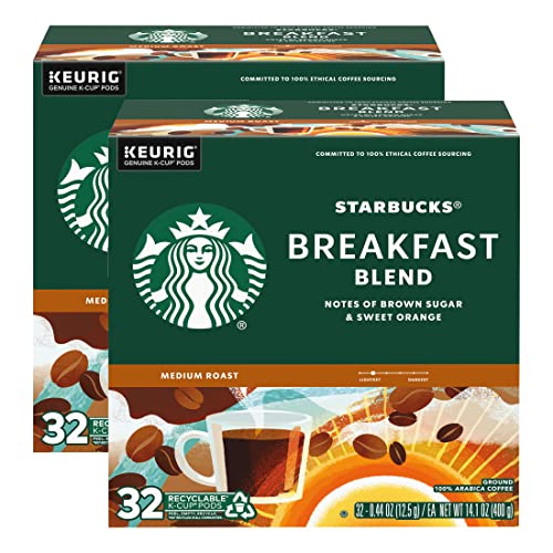 Starbucks Coffee K-Cup Pods, Breakfast Blend, Medium Roast Coffee, Notes of Brown Sugar &amp; Sweet Orange, Keurig Genuine K-Cup Pods, 32 CT K-Cups/Box (32 Count (Pack of 2))