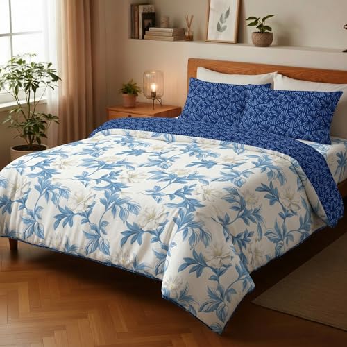 Image of Utopia Bedding Microfiber AC Comforter for King Size 220x240 cm - Lightweight, Skin-Safe & Hotel-Style Quilted Blanket with Floral Print Blue