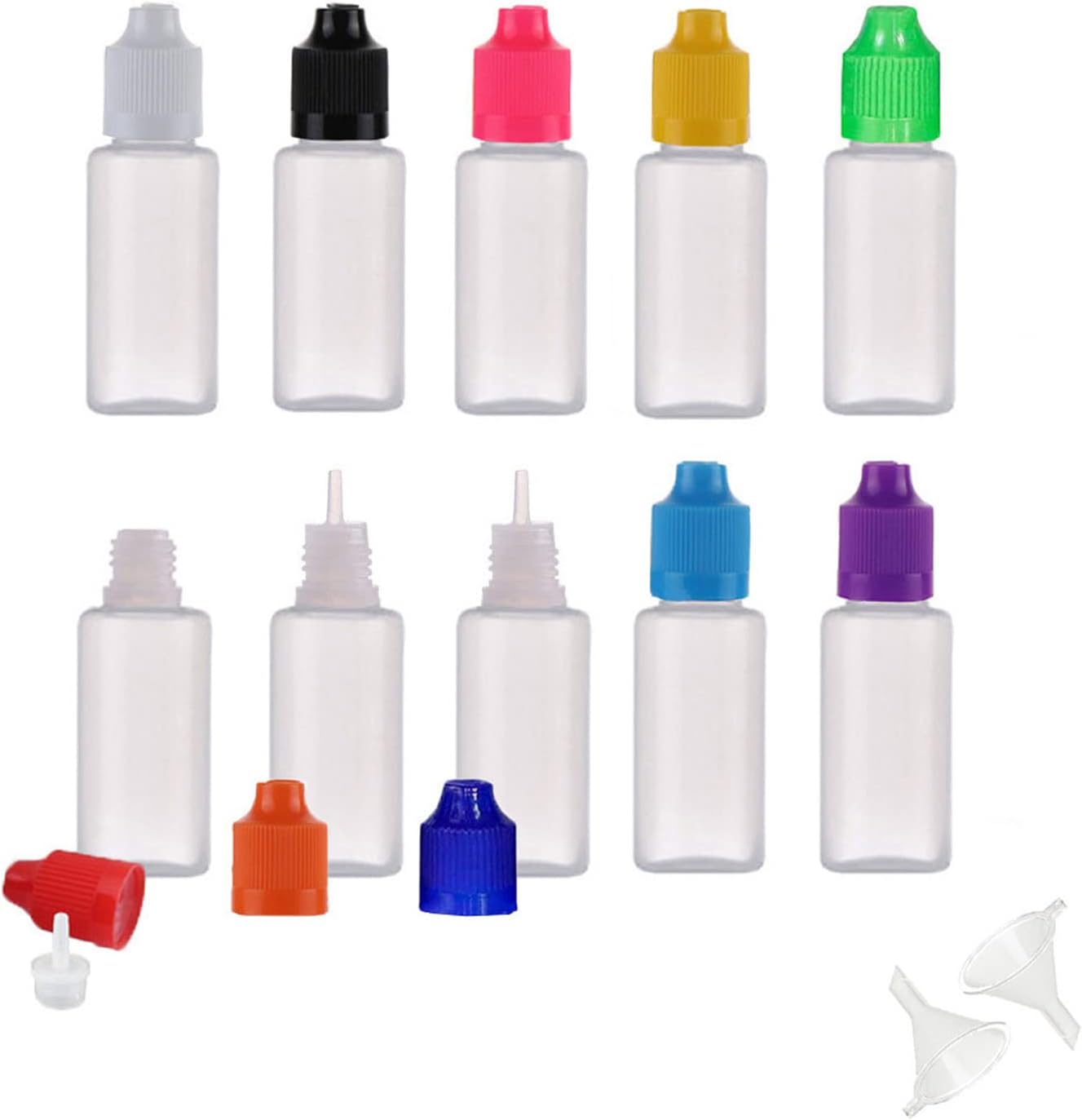LDPE Squeezable Dropper Juice Bottle - 100Pcs x 5ml Empty Eye Liquid Droppers Plastic Containers + Mixed Color Childproof Caps + Funnels
