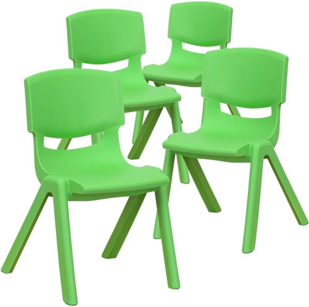 BOWERY HILL 12" Plastic Stackable Preschool Chair, Green Finish, Set of 4, Contoured Design, Lightweight, No Metal Parts, Ideal for Classroom, Daycare, Playroom, Preschool or Kindergarten Seating