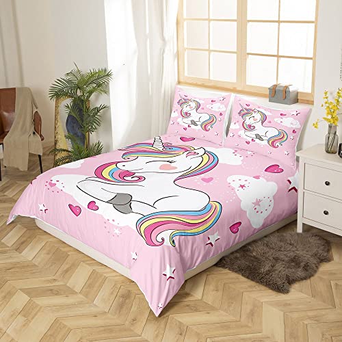 Loussiesd Unicorn Duvet Cover Set for Kids Girls Pink Heart Bedding Set Unicorn Gifts Comforter Cover Cute Bedding Double - Image 3