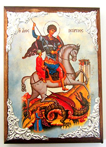 Wooden Greek Christian Orthodox Wood Icon of Saint George Riding His Horse and Slaying The Beast / AM30