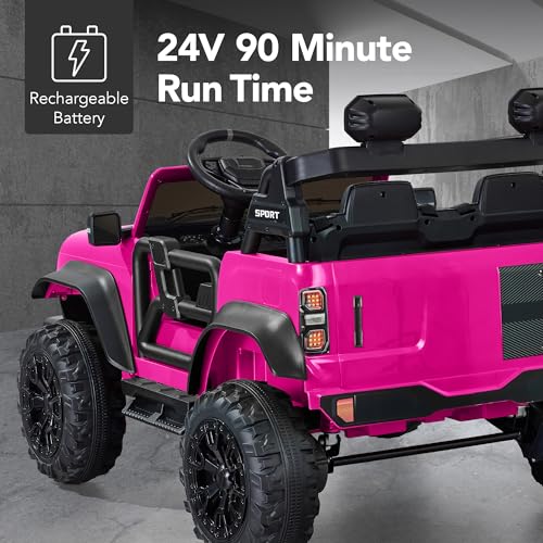 Image of Best Choice Products Kids 24V 2-Seater Electric Ride On Car Truck w / 132lb Weight Capacity, Parent Control, Bluetooth, LED Lights - Hot Pink