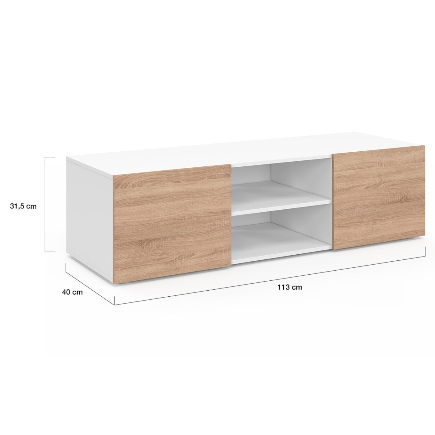 IDMarket - Meuble TV 113 cm ELI Blanc Portes façon hêtre