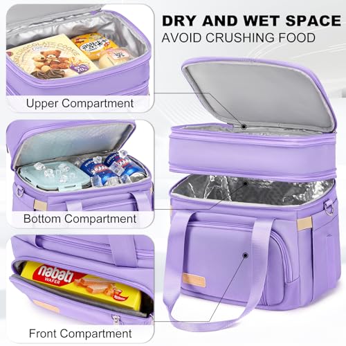 Lunch Box for Men Women - Double Deck Insulated Lunch Bag, Large Leak Proof Tote Cooler, Wide Open Dual Compartment Lunch Bags with Shoulder Strap, For Work Picnic Hiking Beach, Purple - Image 4