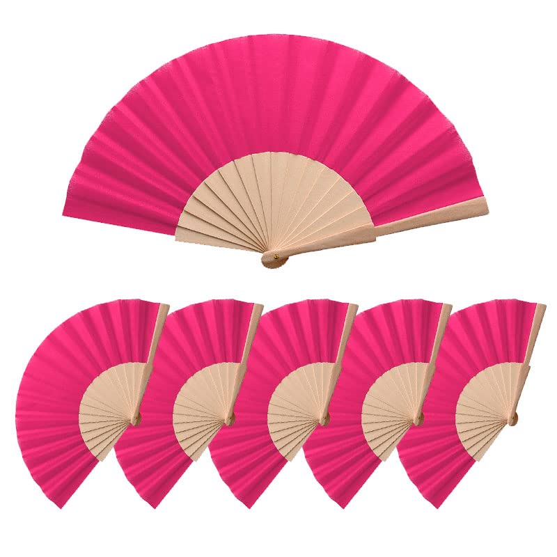 Deliex delicias de Extremadura. 25 Abanicos de tela y madera en color fucsia. Abanicos para invitadas en bodas, bautizos y comuniones, abanicos para fiestas de verano. (FUCSIA, FU25)