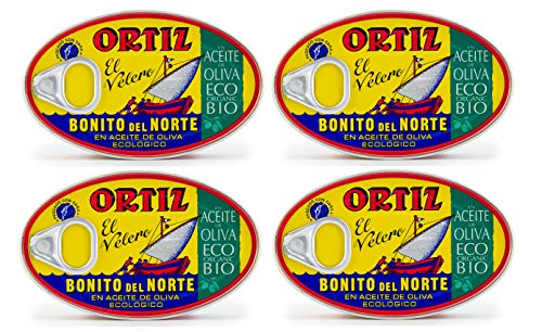 Ortiz Atún Blanco en Aceite de Oliva Orgánico | Paquete de 4 | Atún Bonito del Norte en EVOO Orgánico Importado de España | Silvestres | 100% Natural | Pescado Premium en lata de 4 oz (112 gramos)