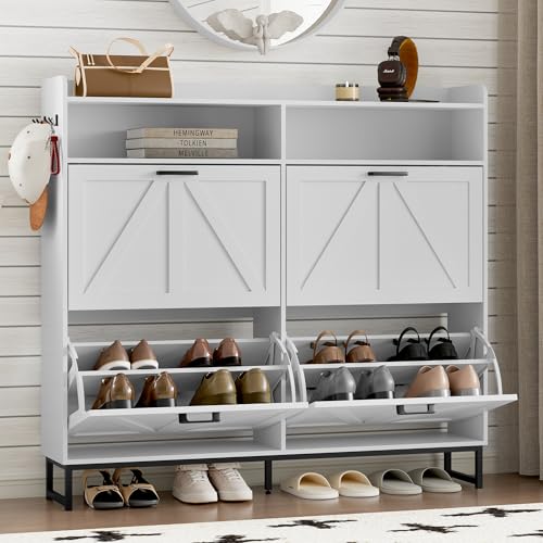 Image of BORNOON Shoe Cabinet with 4 Flip Drawers Narrow Shoe Storage Cabinet Organizer Wooden Freestanding Shoe Rack Hidden Slim Shoes Storage Cabinet for Entryway, Hallway, Living Room, Bedroom