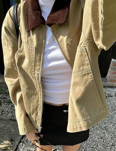 Womens Lightweight Jacket with Corduroy Collar Oversized Barn Jackets Cropped Zip Up Workwear Jacket4