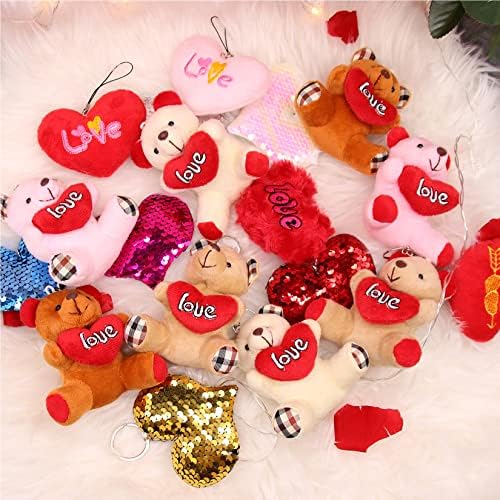 18 Pack Valentines Day Gifts for Kids, Mini Plush Toys Set little bear heart shaped keychain stuffed toys, Valentine's Day, birthday cake decoration supplies, DIY Valentines Day Gift Accessories