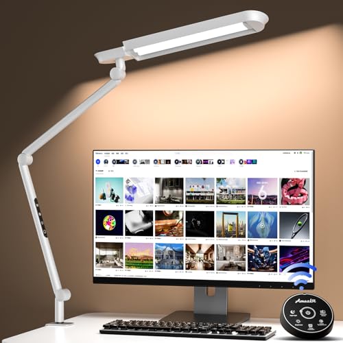 AmazLit Schreibtischlampe, LED Schreibtischlampe 1100 Lumen mit Klemme Schwenkarm-Architektenlampe 18W Hohe Helligkeit Keine Blendung Augenschutz Bürolampe Mehrfachbeleuchtung/Funktion, Weiß