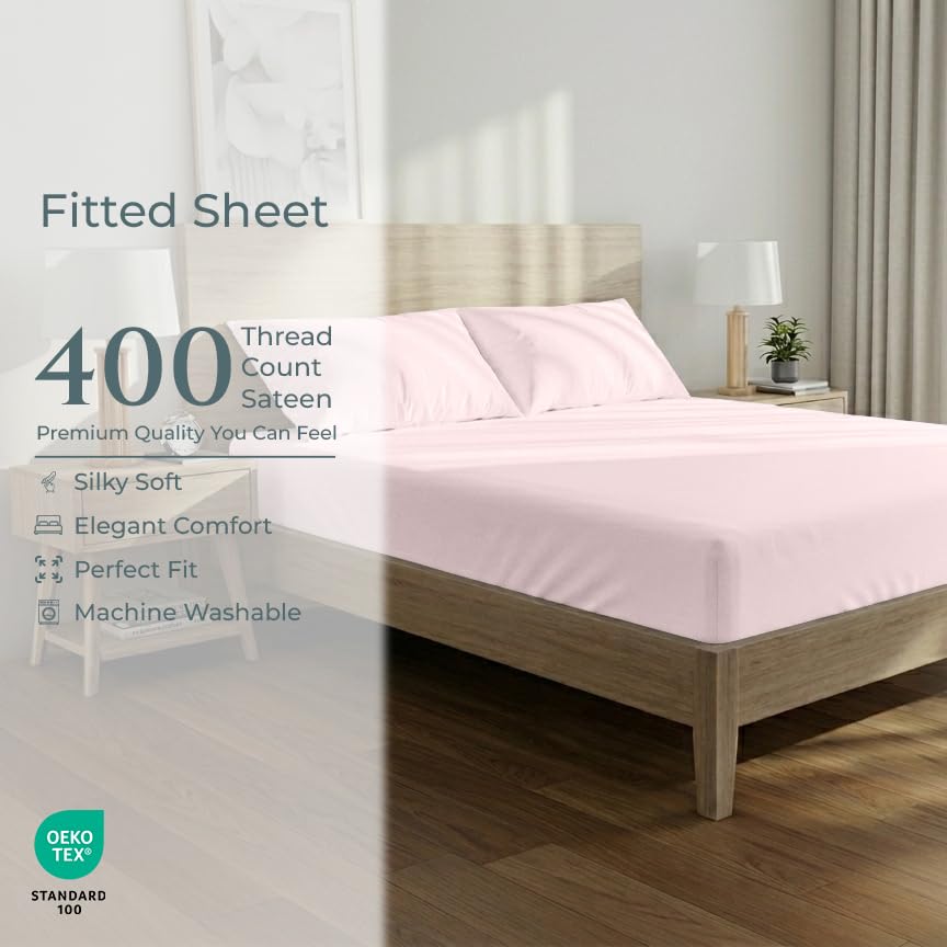Image of Royale Linen 400 Thread Count Fitted Sheets Full Size - 100% Cotton Bottom Sheets Only - Luxury Sateen Weave -All Around Elastic Deep Pocket Fitted Sheet - Soft & Durable - Fit Up To 16 inch (Kyoto Blush)