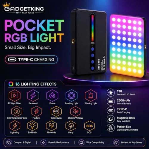 Image of GADGETKING M160 RGB Video Light for Mobile & Camera | 2700K-6500K Full Color LED Light | Rechargeable Pocket Light for Reels, YouTube, Photography & Live Streaming