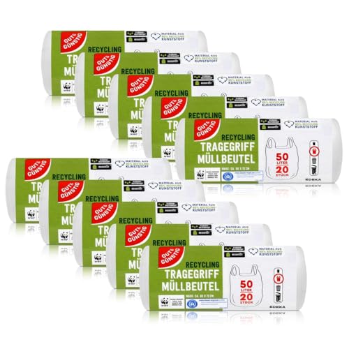 200 Stück Müllbeutel mit Griff 50 Liter 20 Stück pro Rolle reißfest und flüssigkeitsdicht Produkt & Verpackung recyclebar Packung mit 10 Rollen