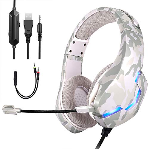 FChome Gaming Headset for PS4,PC, Xbox One Controller,Over Ear Gaming Headphones with Noise Cancelling Mic, 7 Colors LED Light, Bass Surround, Soft Memory Earmuffs for Laptop Mac Nintendo Switch Games
