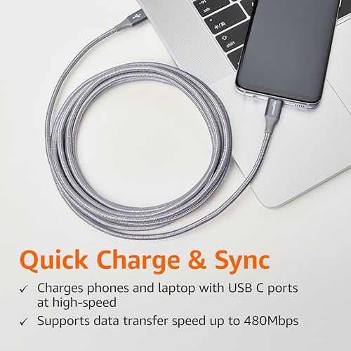 Image of Amazon Basics Nylon Braided USB-C to USB-C 2.0 Fast Charger Cable, 60W, 480Mbps Speed, USB-IF Certified, for Apple iPhone 16 /15, iPad, Samsung Galaxy, Tablets, Laptops, 10 Foot, Dark Gray