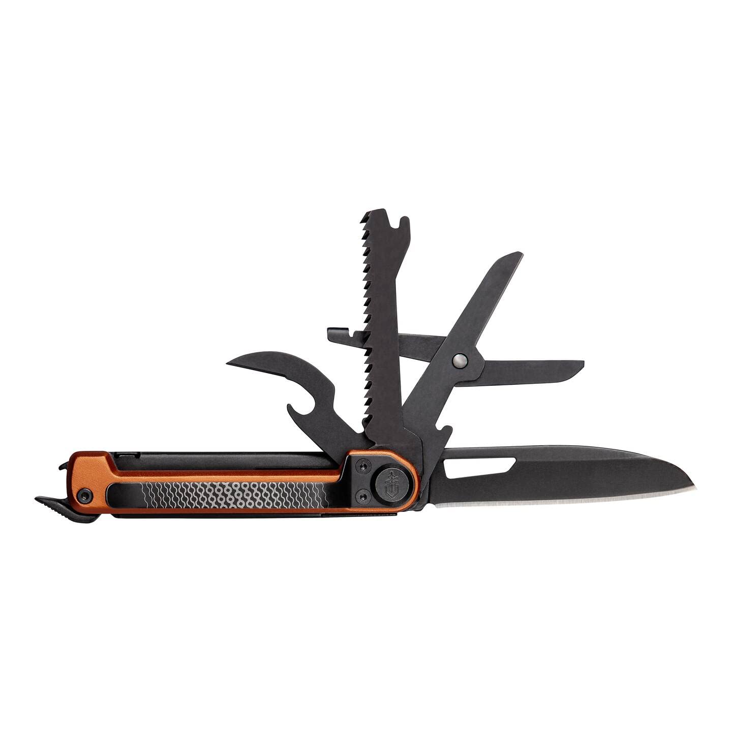 Gerber Scyzoryk z 7 funkcjami, narzędzie wielofunkcyjne z gładkim ostrzem, z nożyczkami i piłą, ArmBar Scout, czarny/pomarańczowy, stal nierdzewna/aluminium, 1064396