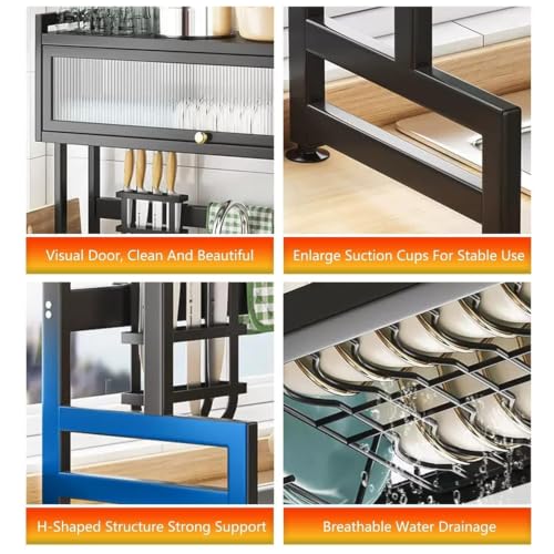 Image of Gvnd Over-The-Sink Dish Drying Rack with Dustproof Flip Cover Door | Multifunctional Adjustable Metal Kitchen Countertop Organizer (Black, 85x80x29Cm)