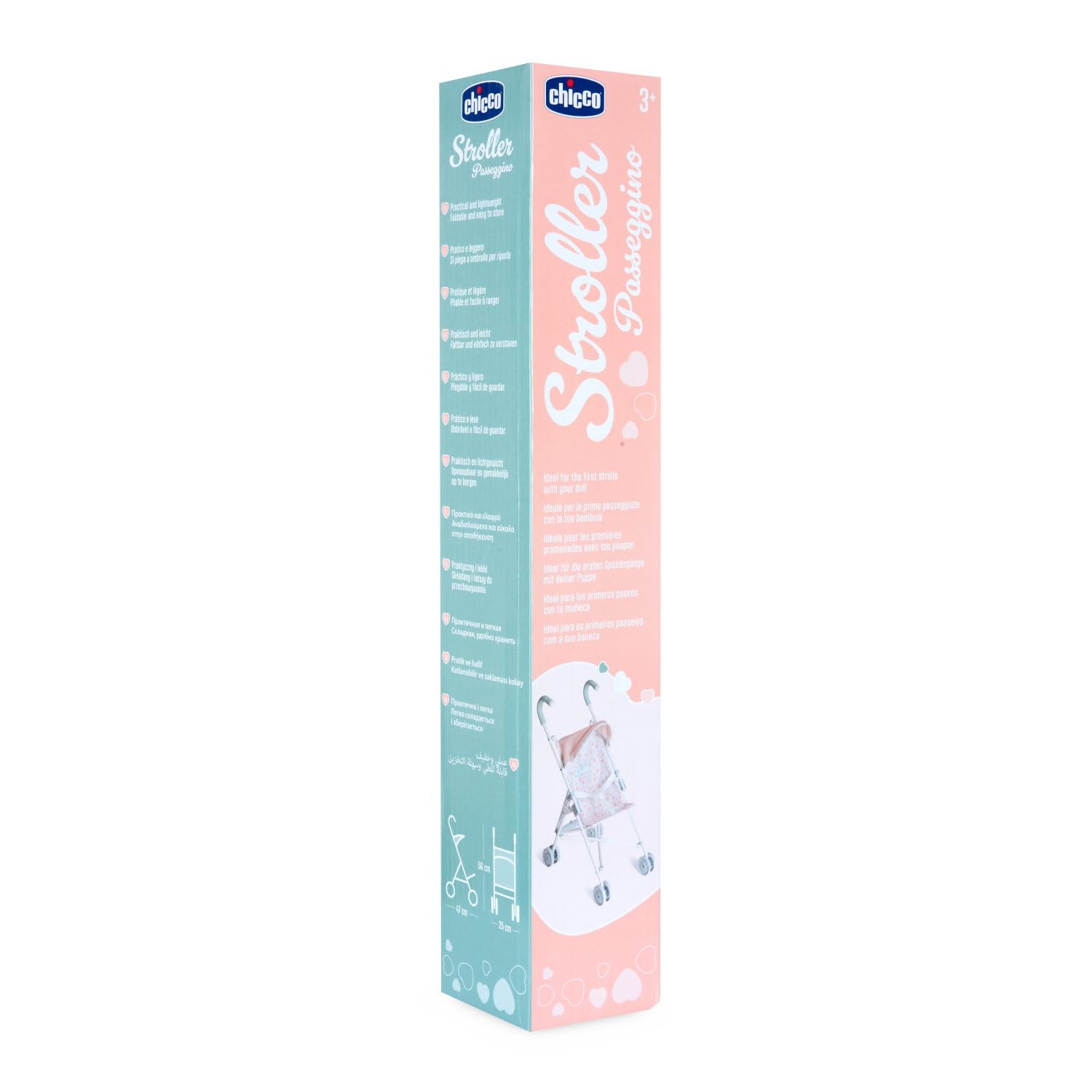 Chicco Passeggino per bambole My First Doll, Per bambini a partire dai 3 anni, Passeggino giocattolo con 4 ruote, Leggero e facile da piegare, Seduta in tessuto e cappottina ripiegabile