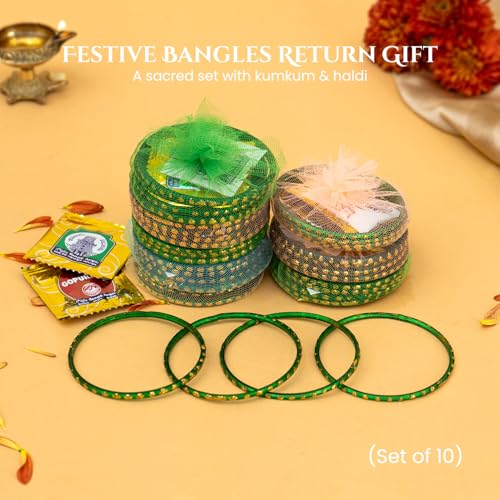 Image of Ekhasa Haldi Kumkum Return Gifts Set of 10 - Pasupu Kumkuma /Manjal Kumkum Packets with Bangles | Traditional Pooja Return Gift for Ladies | Haldi Kunku Gift for Navratri, Varalakshmi Vratham