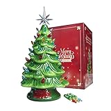 Sunlit 13'' Ceramic Christmas Tree Tabletop Christmas Decoration, Green, AA Battery Included