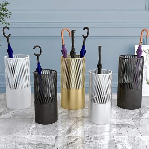 Image of 567751 Umbrella Stands Modern Golden Umbrella Stand, Hollow Metal Umbrella Bucket, Large Capacity Long /Short Umbrella Storage Rack, with 6 Hooks, (Size : 23x23x50cm)