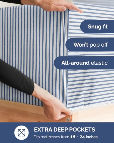 Image of Extra Deep Flex Top Split Head King Sheet Set - 6 Piece Breathable and Cooling Sheets - Hotel Luxury Bedding for Women, Men, Kids & Teens - Easy Secure Fit - Extra Deep Pockets - Blue Stripes 2