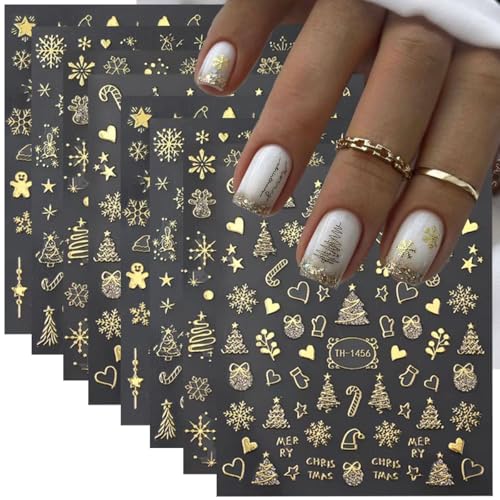 Christmas Nail Art Stickers Decals 3D Gold Xmas Tree Christmas Nail Stickers 8PCS Snowflake Lantern Ball Candy Cane Xmas Nails Adhesive Decals for New Year Holiday Manicure DIY Nail Art Decorations