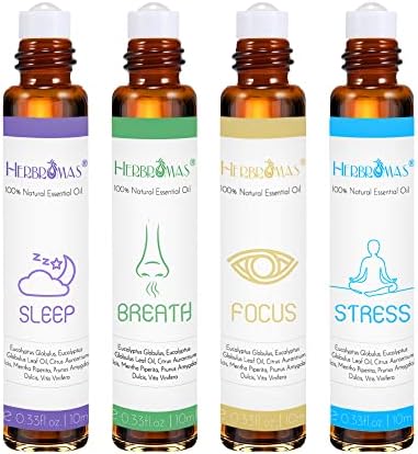 HERBROMAS Aromatherapy Oils Roller Set, Natural Pre-diluted Essential Oils Roll On with Glass Rollerball, Relaxation Gift for Women & Men, Christmas Gift, Pack 4 x 0.33fl.oz