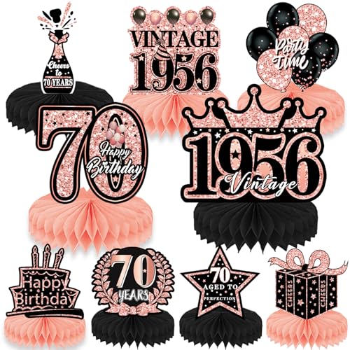 Refavor 70th Birthday Decorations for Women - 9pcs Rose Gold 70 Years 1956 Birthday Party Decorations Pink Honeycomb Centerpieces Table Toppers Decor Supplies