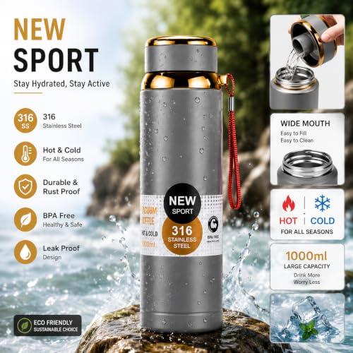 Image of 316 Stainless Steel Water Bottle 1 Litre | Hot & Cold | Durable & Leak-Proof | For Office, Home, Kids, School For Women Men | 1000ml water bottle | Slate Mist