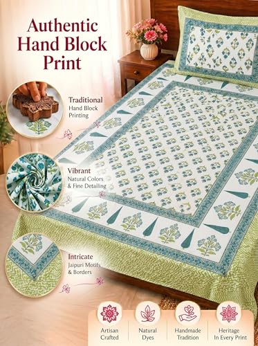 Image of Mafatlal 144 TC Heritage 100% Cotton Single Size Bedsheet (90x60 inches) with Matching Pillow Cover | Soft & Comfortable | Elegant Printed Heritage Design | Pista Green