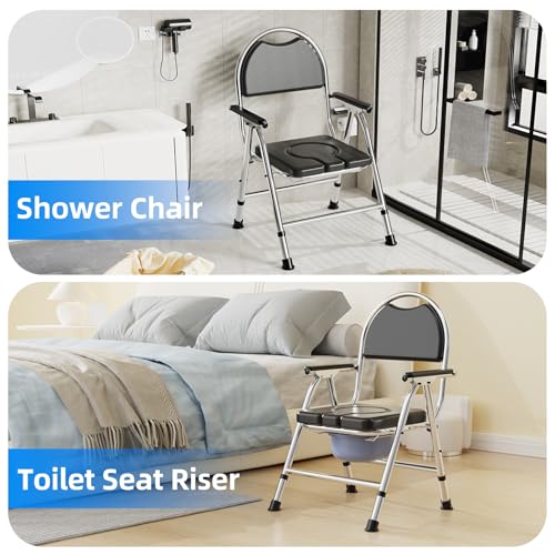 4 in 1 Folding Bedside Commode Chair for Elderly with Arms and Back,Adjustable Height Raised Toilet Seat with Handles,Adults Potty Chair for Seniors,Disabled and Pregnant Holds Up to 350 lbs (Style 1) - Thumbnail 7