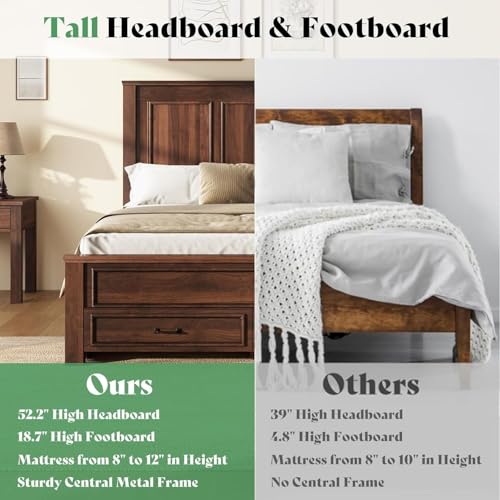 Image of AMERLIFE Farmhouse Full Size Bed Frame with 52.2 inch Tall Headboard & Footboard, Wood Platform Bed Frame with 2 Large Storage Drawers, Noiseless, No Box Spring Needed, Rustic Brown