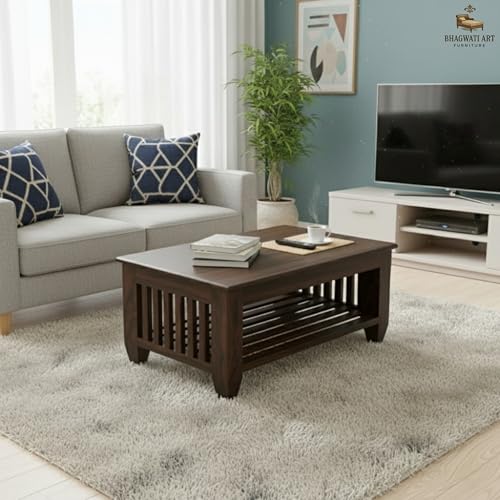 Image of Solid Sheesham Wood Coffee Table for Living Room | Wooden Rectangle Coffee /Tea Table with Storage |Center Table with Storage Teapoye for Home, Living Room, Balcony (Walnut Finish)