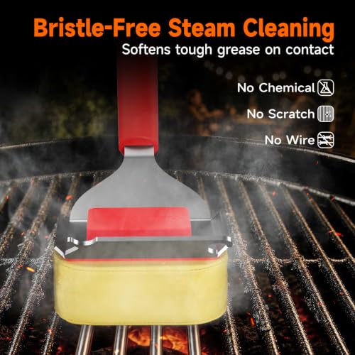 Image of Bristle-Free Grill Brush with Heat-Resistant Kevlar Fiber Head, Red | Steam Cleaning, Replaceable No-Wire Head, 17 inch Handle, 4-in-1 Scraper, for Porcelain /Ceramic /Stainless Steel /Cast Iron Grate