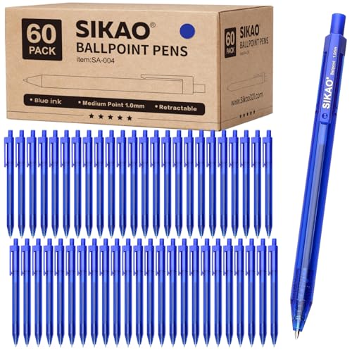 Sikao Bolígrafos azules | Paquete de 60 retráctiles | Tinta azul de punta media de 1,0 mm | Bolígrafos de escritura suave | Suministros de...