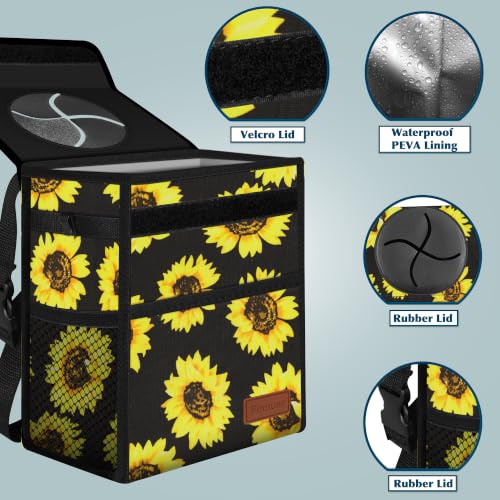 Image of Femuar Leak Proof Car Trash Can with Lid, Collapsible Hanging Waterproof Car Trash Bag with Mesh Pocket for SUV Front Seat Headrest, Sunflower