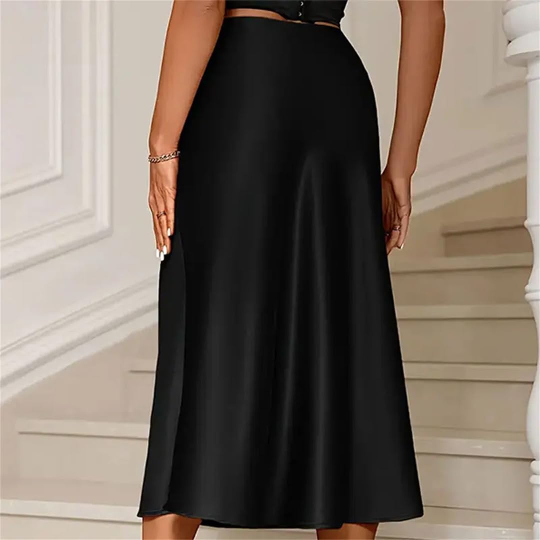 Jupe midi plissée en satin pour femme - Taille élastique - Jupe crayon coréenne en soie