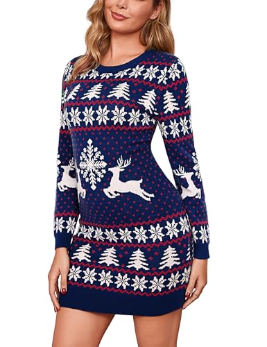 Litherday Weihnachtskleid Damen Strickkleid Winter Langarm Rundhals...