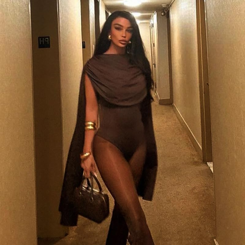 THLAI Sexy Jumpsuits for Women Cape Long Sleeve Bodysuit Top One Piece Club Night Out Outfits Bodycon Romper - Image 5