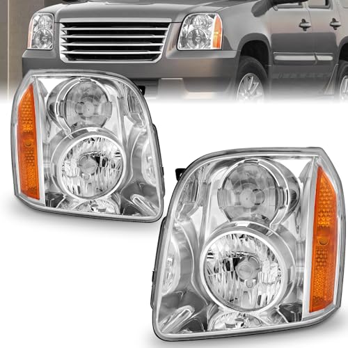 Bincmay Headlight Assembly Fit For 2007-2014 GMC Yukon 07-14 Yukon XL 1500 2500 Head Lamp (Chrome Housing With Amber Reflector)