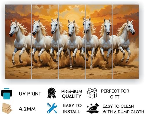 Image of RAVLEX Running Horse Wall Painting for Living Room, Wooden Framed UV Printed Wall Art for Bedroom, Office, Hotel and Drawing Room, Multi Panel Decorative Painting, 24 x 48 Inch