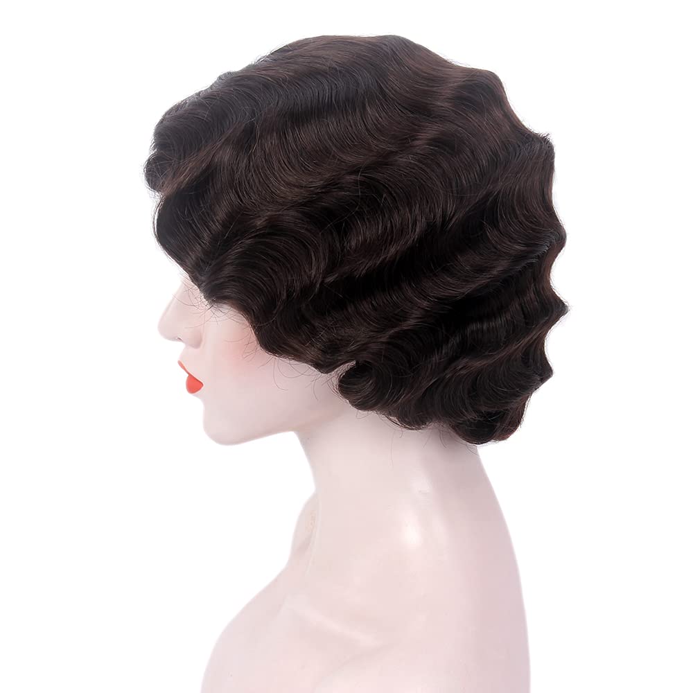 REEWES Short 1920s Finger Wave Wig - Curly Synthetic Heat Resistant Full Wig With Cap, Brown(Short) - Image 4