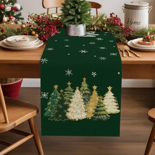 Koboosousyo テーブルランナー 食卓飾り クリスマス 冬 クリスマスツリー 雪の結晶 緑色 テーブルセンター おしゃれ パーティー テーブル 食卓 上質 厚手 洗濯可 耐熱 46x183cm