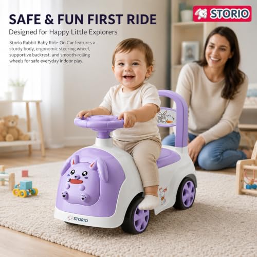 Image of Storio Rabbit Baby Ride-On Car Toy | Non-Battery Push Car for Kids with Backrest & Steering Wheel | Baby Ride On Toy for Boys & Girls 1-3 Years | Purple