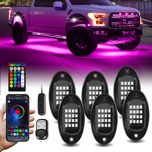 6 Pods RGB LED Rock Lights with APP/RF Remote Control High Brights Waterproof Underglow Multicolor Zone Neon Exterior Rock Lights for 12V Trucks Jeep UTV ATV RZR Offroad Pickup SUV Accessory