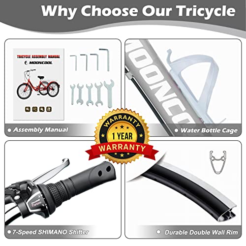 MOONCOOL Adult Tricycles 3 Wheel 7 Speed Trikes, 20/24 / 26 inch Adult Trikes 3 Wheeled Bike with Basket for Seniors, Women, Men.