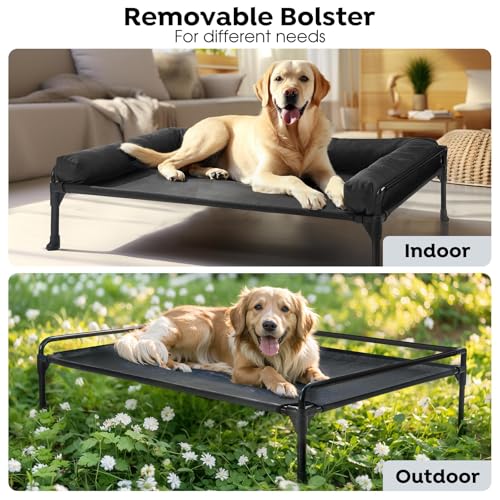 Veehoo Elevated Raised Dog Bed-Cooling Outdoor Dog Cot Bed for Large Sized Dogs Three-Sided Fence Raised Pet Cot with Mesh & No-Slip Feet Dog Hammock Bed with Removable Bolster-41 x 27" Black - Image 6